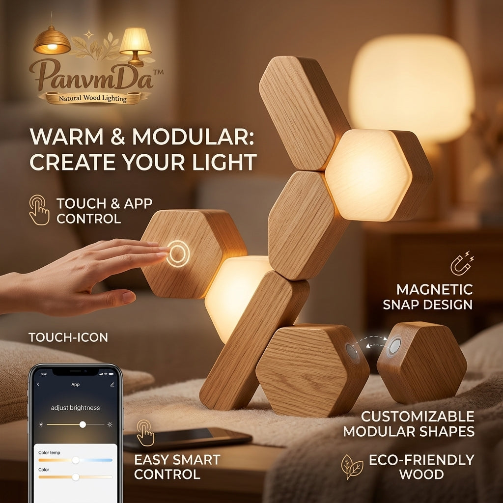 PanvmDa™ Modular Wood Table Lamp, Magnetic Hexagon Touch Lamp with App Control, Warm Dimmable LED Night Light, Customizable Wooden Ambient Lamp for Bedroom, Living Room, Desk, Bedside, Home Décor Gift