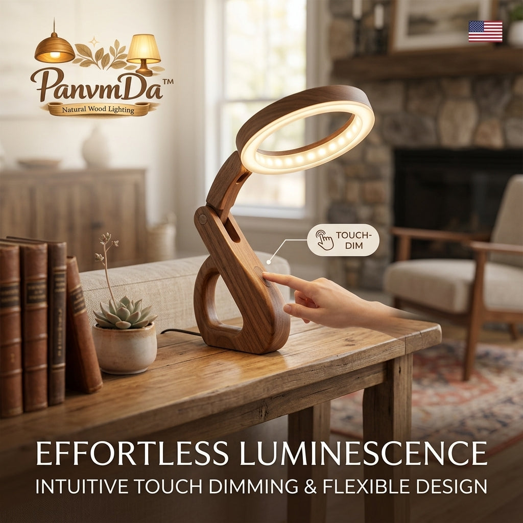 PanvmDa™ Natural Wood LED Desk Lamp - Touch Dimmable Table Lamp with Flexible Adjustable Joint & Eye-Caring Circular Ring Light, Modern Minimalist Accent Light for Home Office, Bedroom, & Living Room Decor
