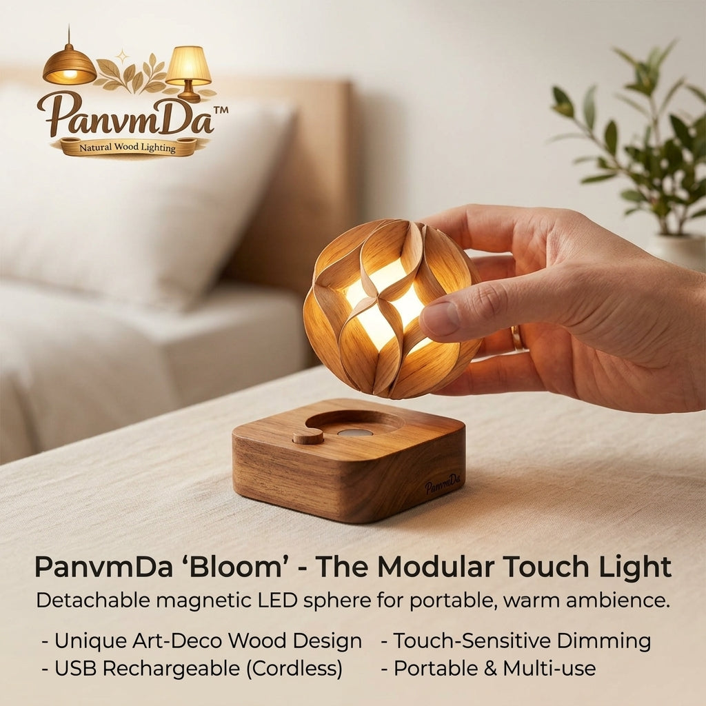 PanvmDa™ 'Bloom' Modular Touch Night Light - Magnetic Detachable LED Sphere, Natural Wood Bedside Table Lamp, USB Rechargeable Cordless Desk Light with Touch-Sensitive Dimming for Bedroom, Living Room & Nursery