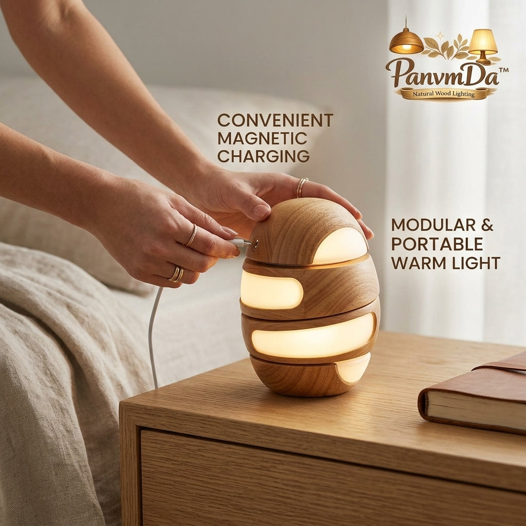 PanvmDa™ Modular Portable Wooden LED Table Lamp, Magnetic Charging Warm Night Light, Rechargeable Bedside Lamp, Modern Wood Grain Ambient Light for Bedroom, Living Room, Nursery, Reading Nook, Desk & Home Décor