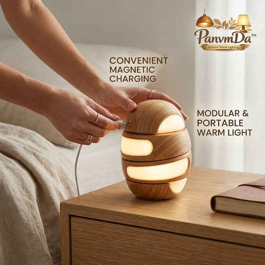 PanvmDa™ Modular Portable Wooden LED Table Lamp, Magnetic Charging Warm Night Light, Rechargeable Bedside Lamp, Modern Wood Grain Ambient Light for Bedroom, Living Room, Nursery, Reading Nook, Desk & Home Décor