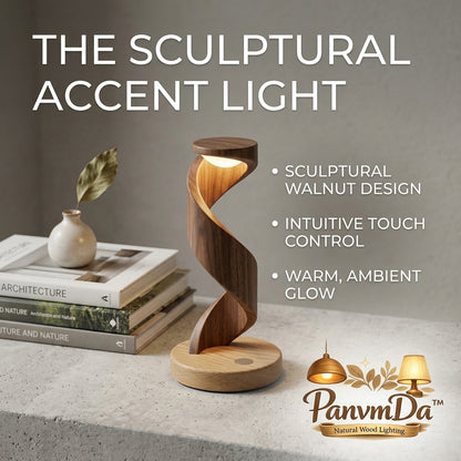 PanvmDa™ Sculptural Walnut Accent Light – Modern Wooden Table Lamp with Touch Control, Warm Ambient Glow, Decorative Bedside Lamp for Bedroom, Living Room, Office & Reading Nook