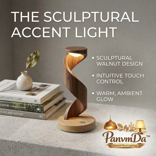 PanvmDa™ Sculptural Walnut Accent Light – Modern Wooden Table Lamp with Touch Control, Warm Ambient Glow, Decorative Bedside Lamp for Bedroom, Living Room, Office & Reading Nook