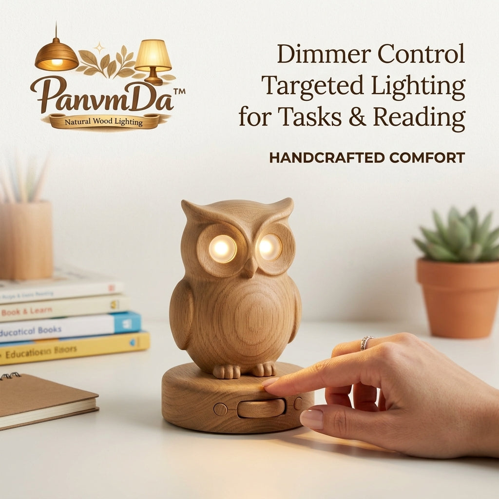PanvmDa™ Wooden Owl Table Lamp, Dimmable LED Desk Lamp for Reading, Bedside Night Light, Handcrafted Wood-Style Owl Lamp for Bedroom, Study Room, Kids Room & Home Décor